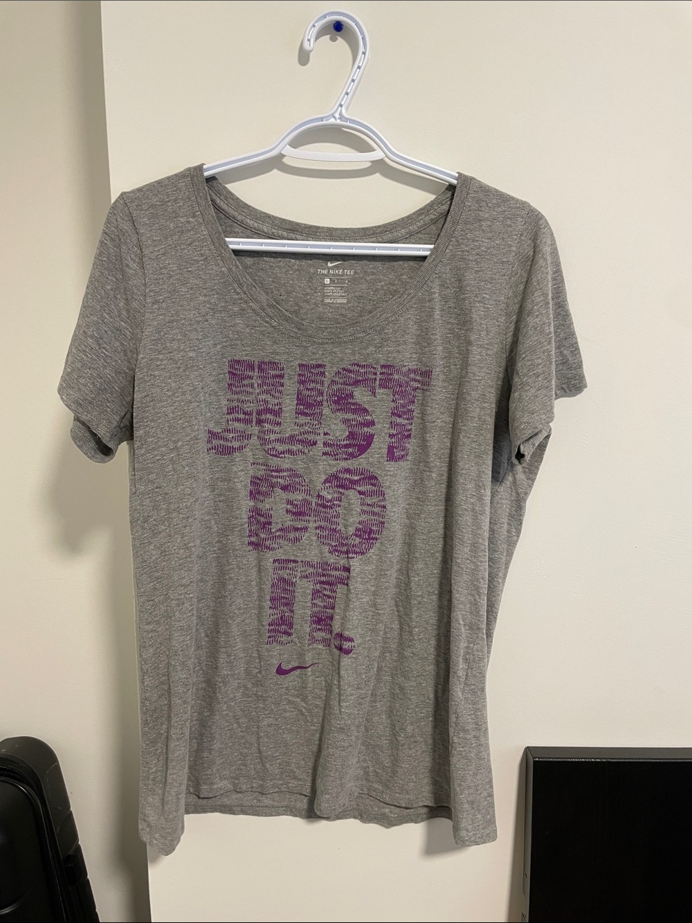 43 Nike Women’s Gray Scoop Neck Tee with Purple 'Just Do It' Print